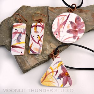 Hand Painted Round Watercolor Pendant (Burgundy Blossoms Series)