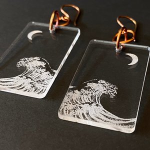 Japanese Wave and Moon Acrylic Dangle Earrings