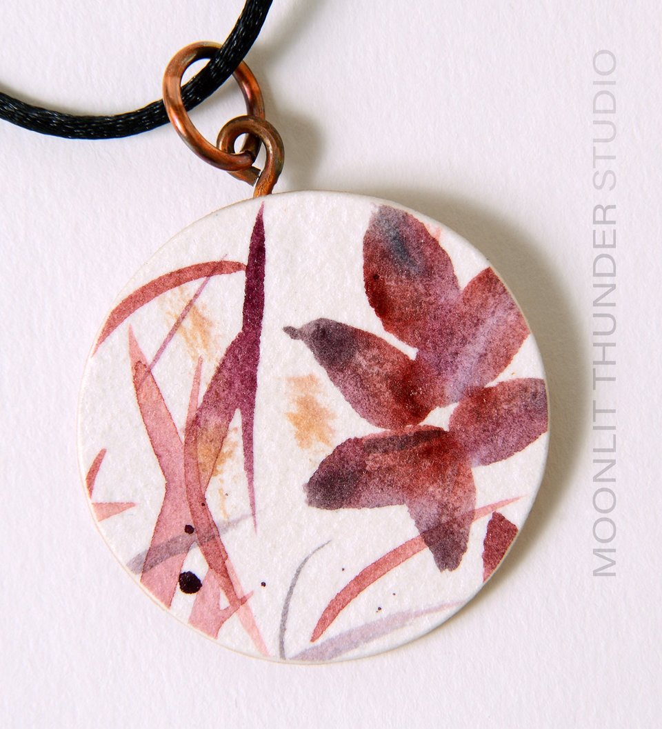 Hand Painted Round Watercolor Pendant (Burgundy Blossoms Series)