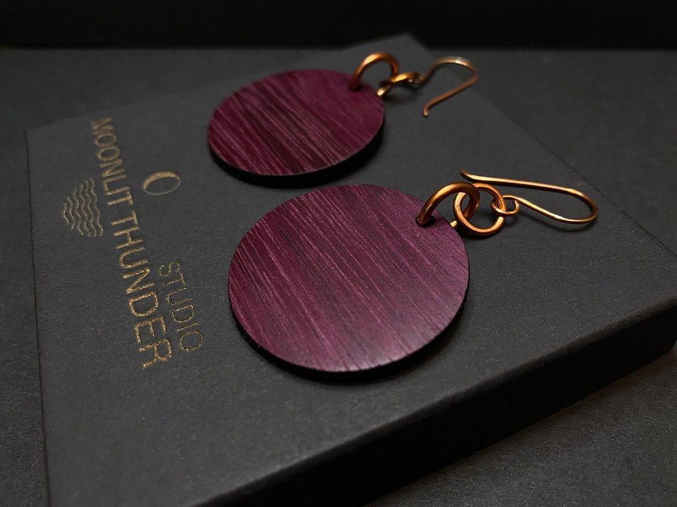 Round Purpleheart Wood Dangle Earrings