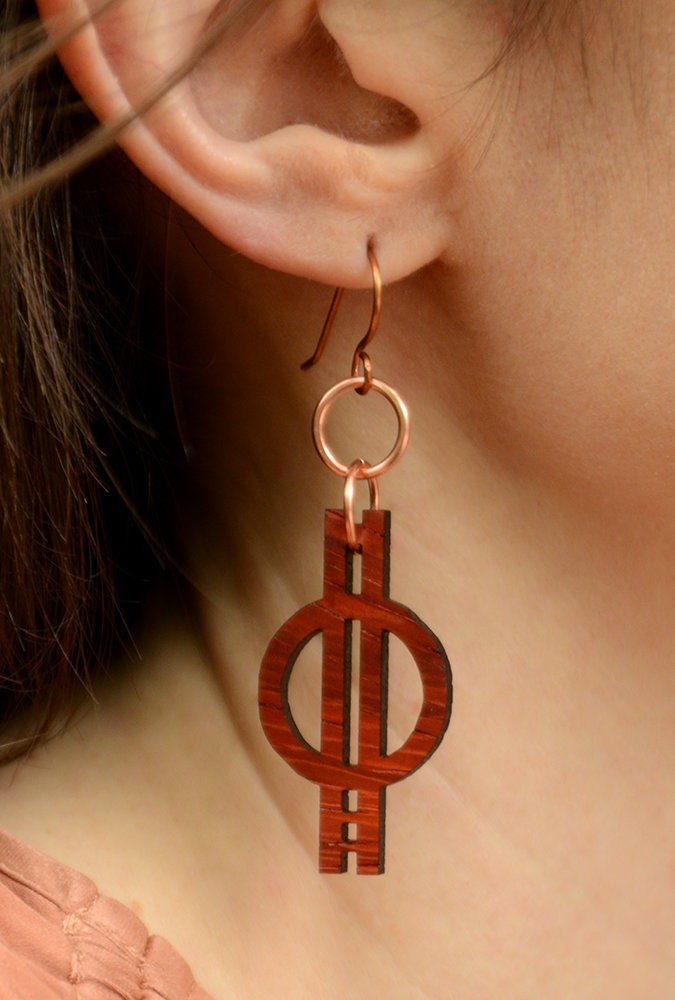 Abstract Minimalist Padauk Dangle Earrings