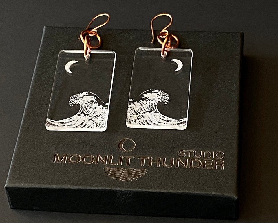 Japanese Wave and Moon Acrylic Dangle Earrings